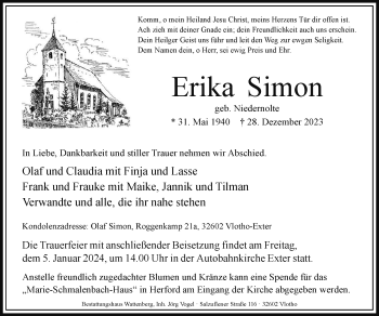 Traueranzeige von Erika Simon von Westfalen Blatt