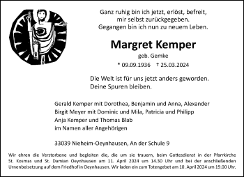 Traueranzeige von Margret Kemper von Westfalen Blatt