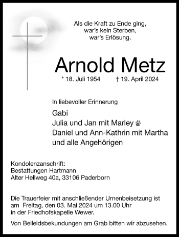 Traueranzeige von Arnold Metz von Westfalen Blatt