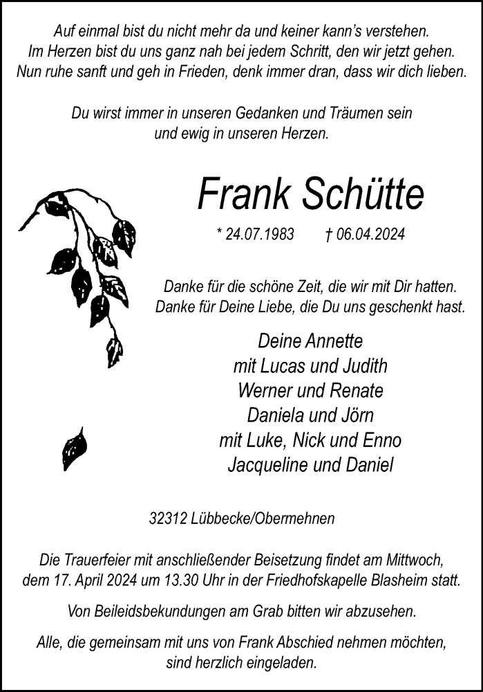  Traueranzeige für Frank Schütte vom 12.04.2024 aus Westfalen Blatt