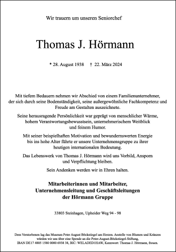 Traueranzeige von Thomas J. Hörmann von Westfalen Blatt