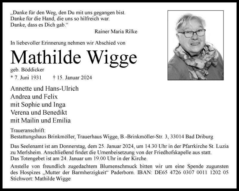  Traueranzeige für Mathilde Wigge vom 20.01.2024 aus Westfalen Blatt