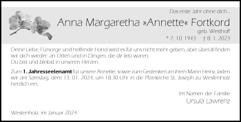 Traueranzeige von Anna Margaretha Fortkord von Westfalen Blatt