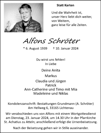 Traueranzeige von Alfons Schröter von Westfalen Blatt