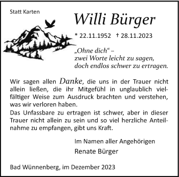 Traueranzeige von Willi Bürger von Westfalen Blatt