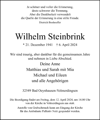 Traueranzeige von Wilhelm Steinbrink von Westfalen Blatt