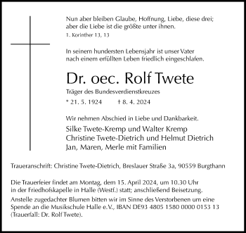 Traueranzeige von Dr. Oec. Rolf Twete von Westfalen Blatt