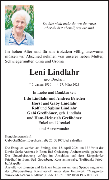 Traueranzeige von Leni Lindlahr von Westfalen Blatt