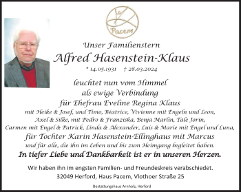 Traueranzeige von Alfred Hasenstein-Klaus von Westfalen Blatt