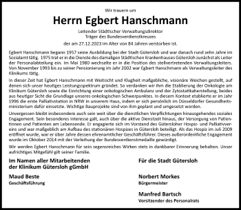 Traueranzeige von Egbert Hanschmann von Westfalen Blatt