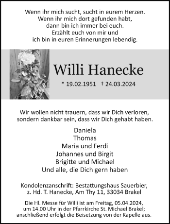 Traueranzeige von Willi Hanecke von Westfalen Blatt