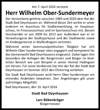 Traueranzeige von Wilhelm Ober-Sundermeyer von Westfalen Blatt