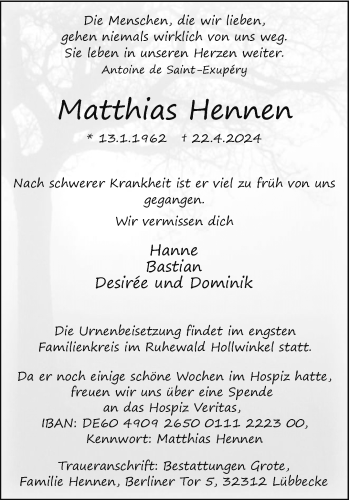 Traueranzeige von Matthias Hennen von Westfalen Blatt