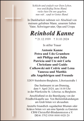 Traueranzeige von Reinhold Kanne von Westfalen Blatt