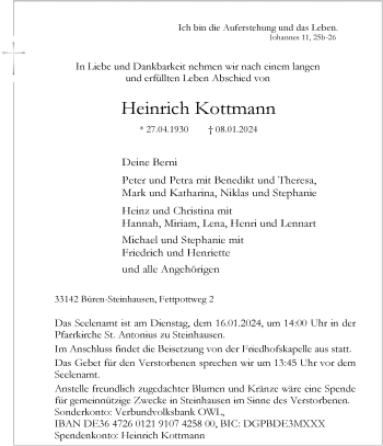 Traueranzeige von Heinrich Kottmann von Westfalen Blatt