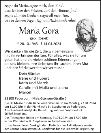 Traueranzeige von Maria Gora von Westfalen Blatt