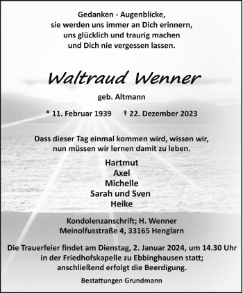 Traueranzeige von Waltraud Wenner von Westfalen Blatt