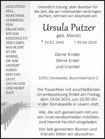 Traueranzeige von Ursula Putzer von Westfalen Blatt