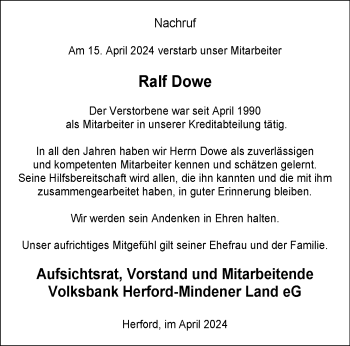 Traueranzeige von Ralf Dowe von Westfalen Blatt