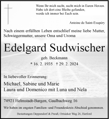 Traueranzeige von Edelgard Sudwischer von Westfalen Blatt