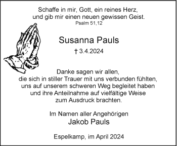 Traueranzeige von Susanna Pauls von Westfalen Blatt