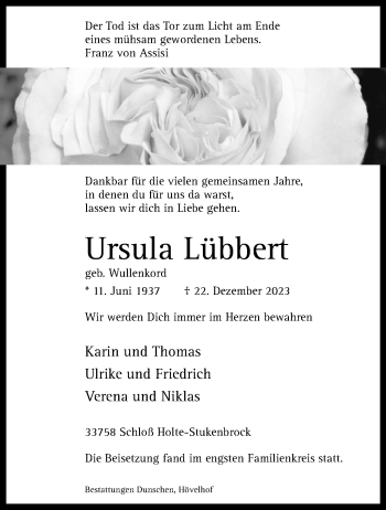 Traueranzeige von Ursula Lübbert von Westfalen Blatt