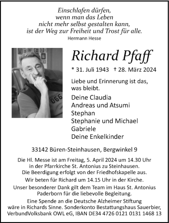 Traueranzeige von Richard Pfaff von Westfalen Blatt