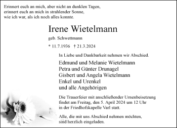 Traueranzeige von Irene Wietelmann von Westfalen Blatt