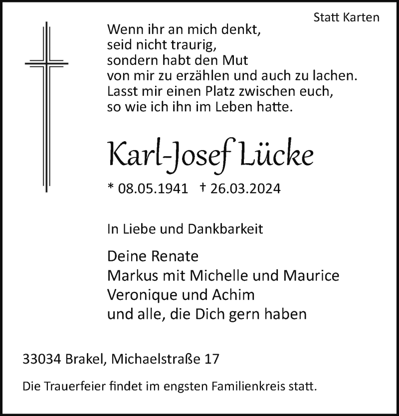  Traueranzeige für Karl-Josef Lücke vom 29.03.2024 aus Westfalen Blatt