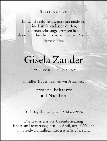 Traueranzeige von Gisela Zander von Westfalen Blatt