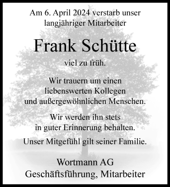 Traueranzeige von Frank Schütte von Westfalen Blatt