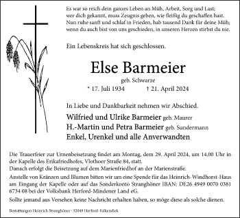 Traueranzeige von Else Barmeier von Westfalen Blatt