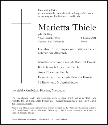 Traueranzeige von Marietta Thiele von Westfalen Blatt