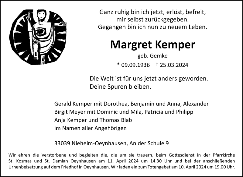  Traueranzeige für Margret Kemper vom 06.04.2024 aus Westfalen Blatt