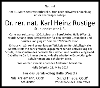 Traueranzeige von Dr. Rer. Nat. Karl Heinz Rustige von Westfalen Blatt