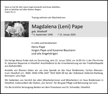 Traueranzeige von Magdalena Pape von Westfalen Blatt