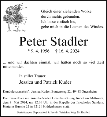 Traueranzeige von Peter Stadler von Westfalen Blatt