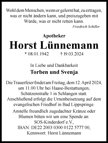 Traueranzeige von Horst Lünnemann von Westfalen Blatt