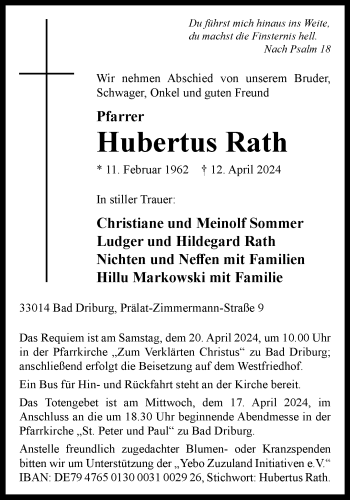 Traueranzeige von Hubertus Rath von Westfalen Blatt