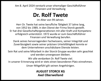 Traueranzeige von Dr. Oec. Rolf Twete von Westfalen Blatt