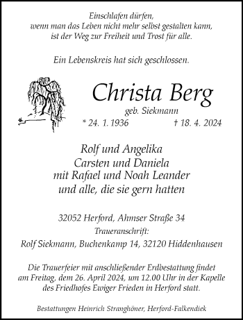 Traueranzeige von Christa Berg von Westfalen Blatt