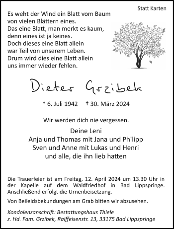 Traueranzeige von Dieter Grzibek von Westfalen Blatt