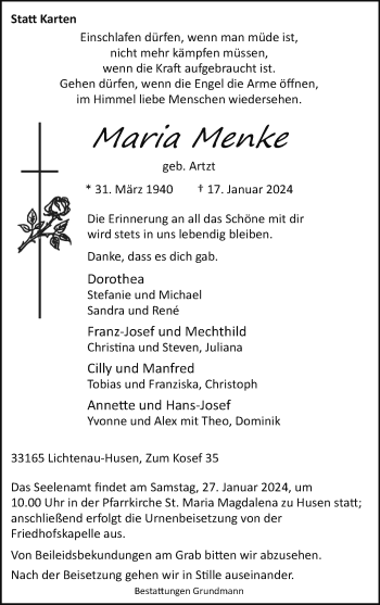 Traueranzeige von Maria Menke von Westfalen Blatt