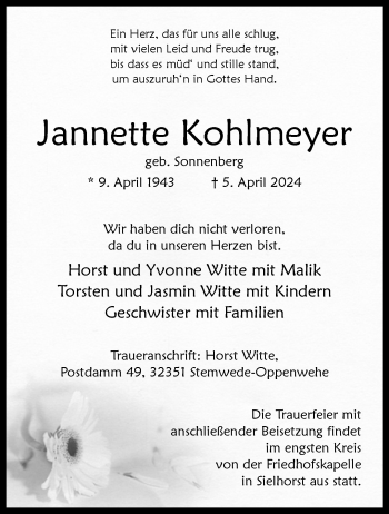 Traueranzeige von Jannette Kohlmeyer von Westfalen Blatt