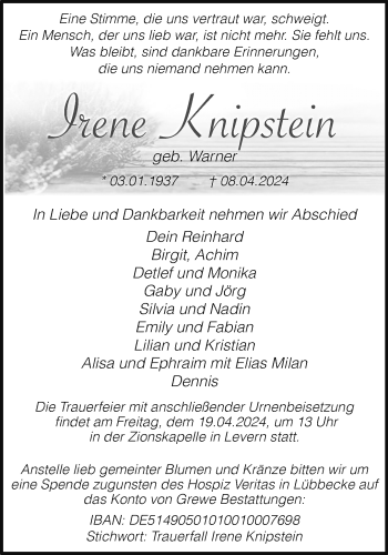 Traueranzeige von Irene Knipstein von Westfalen Blatt