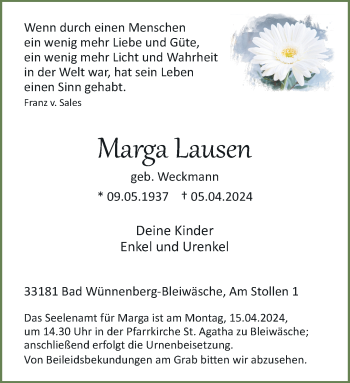 Traueranzeige von Marga Lausen von Westfalen Blatt