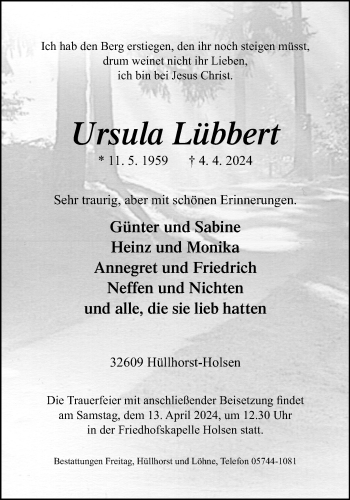 Traueranzeige von Ursula Lübbert von Westfalen Blatt