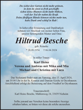 Traueranzeige von Hiltrud Besche von Westfalen Blatt