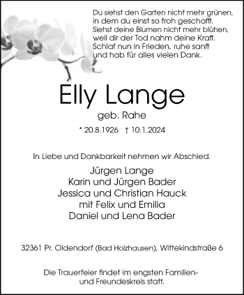 Traueranzeige von Elly Lange von Westfalen Blatt