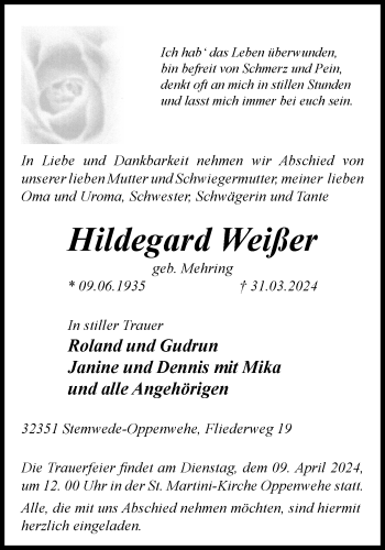 Traueranzeige von Hildegard Weißer von Westfalen Blatt